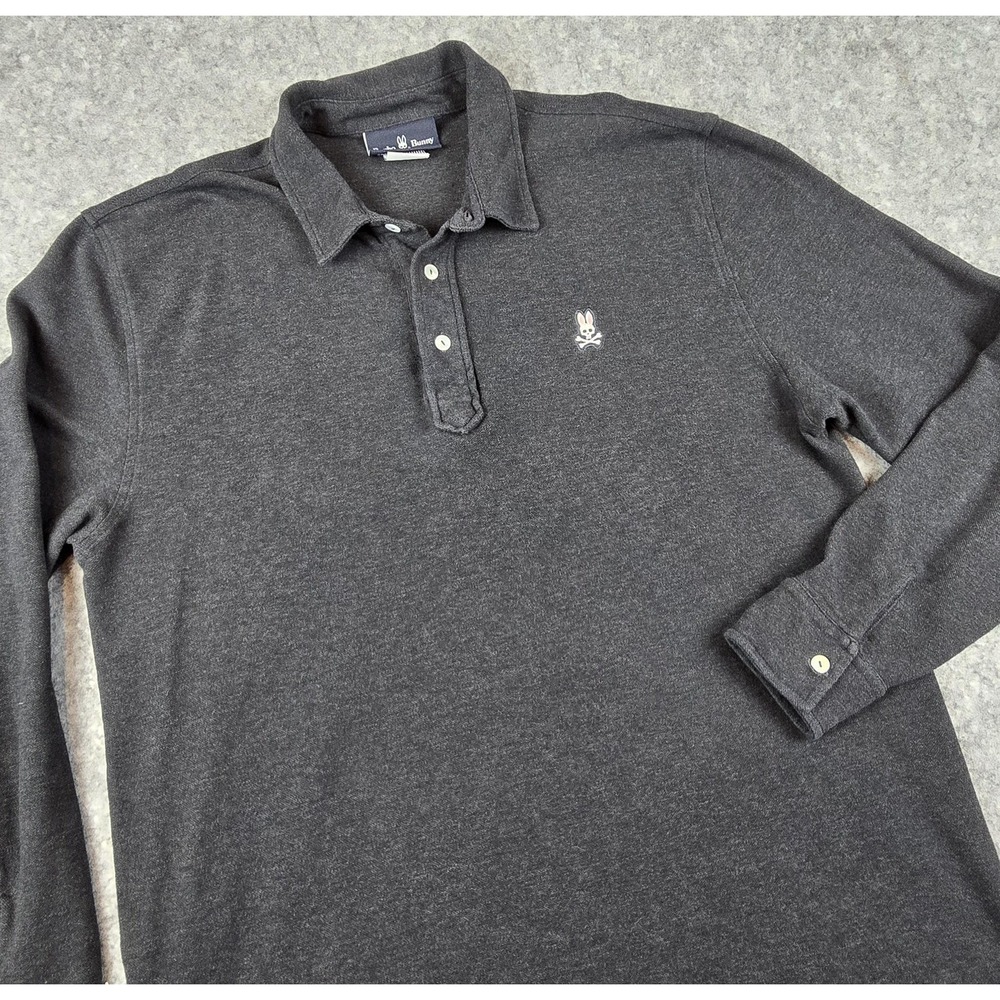 Psycho Bunny Polo Shirt Mens Large Gray Long Sleeve Pima Cotton Skull Logo Golf